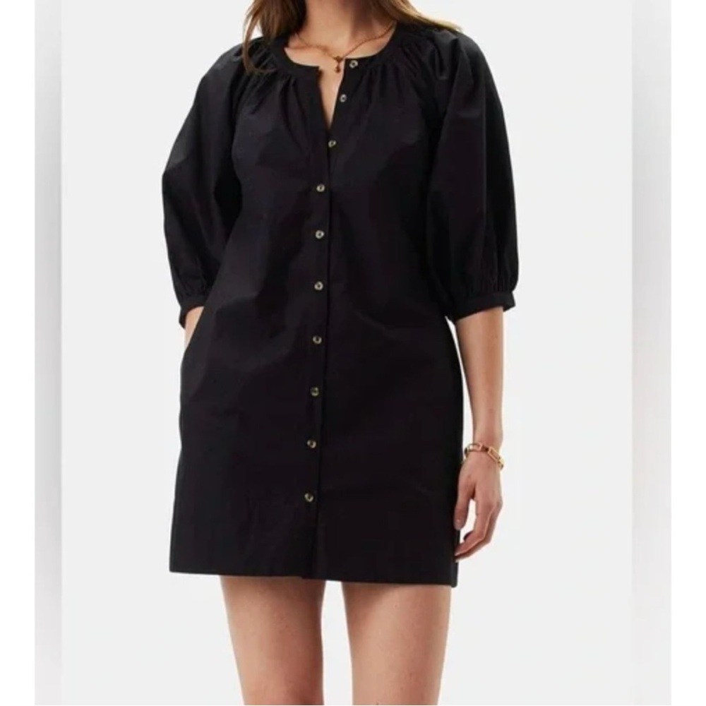 Amour Vert Women's Black Button-Down Casual 100% Organic Cotton Shirt Dress Sz L